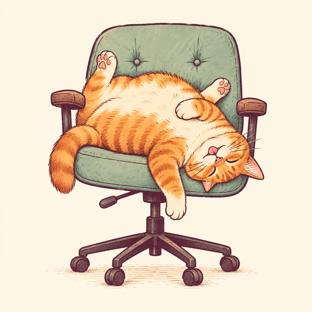 An orange kitty asleep upside down in an editor’s chair, with a paw dangling and its tongue sticking out.